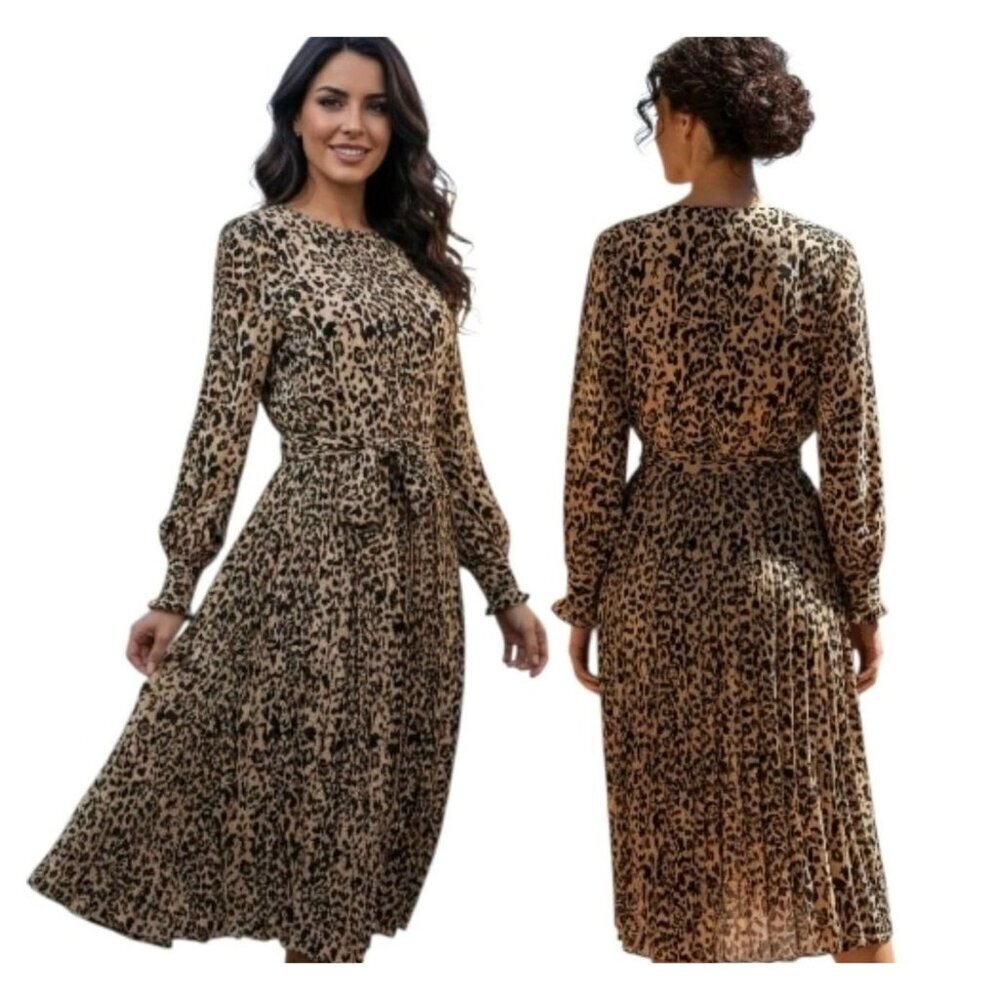 J.Crew Womens Leopard Pleated Long Sleeve Belted Dress Size 6 Brown Tan SP NWOT